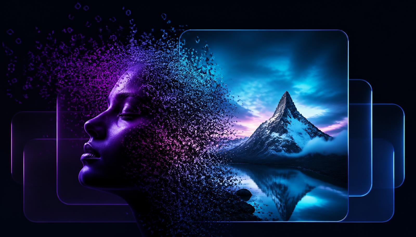 Abstract visual of written words transforming into a photographic AI-generated image